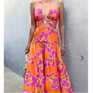 Runaway the Label 'Orchid' Orange Floral Strappy Maxi Dress with Cut Outs XS